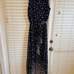 R&K Navy Blue Polka Dot Maxi Dress | Tie Waist | Size 14
